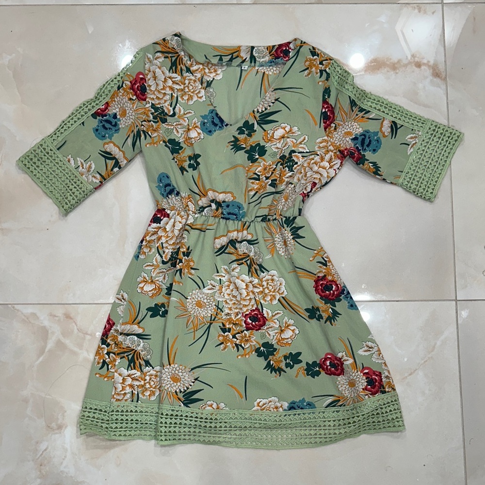 Floral Green Dress with Crochet Details